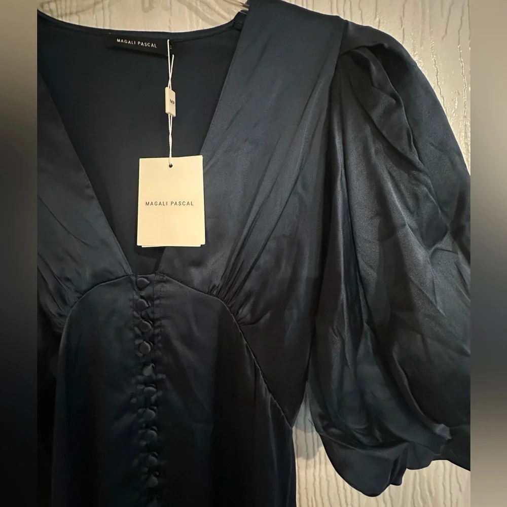NWT MAGALI PASCAL Navy Baron long dress Puff-Sleeved Midi Dress silk Size M - Picture 5 of 11